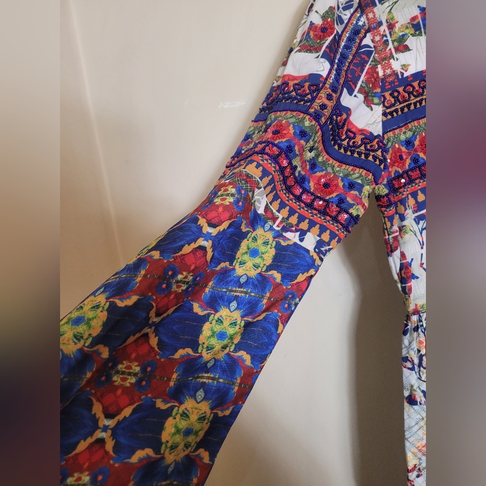 Anthropologie Bhanuni By Jyoti Sarah Printed Bell Sleeve dress Mediun - Picture 7 of 12